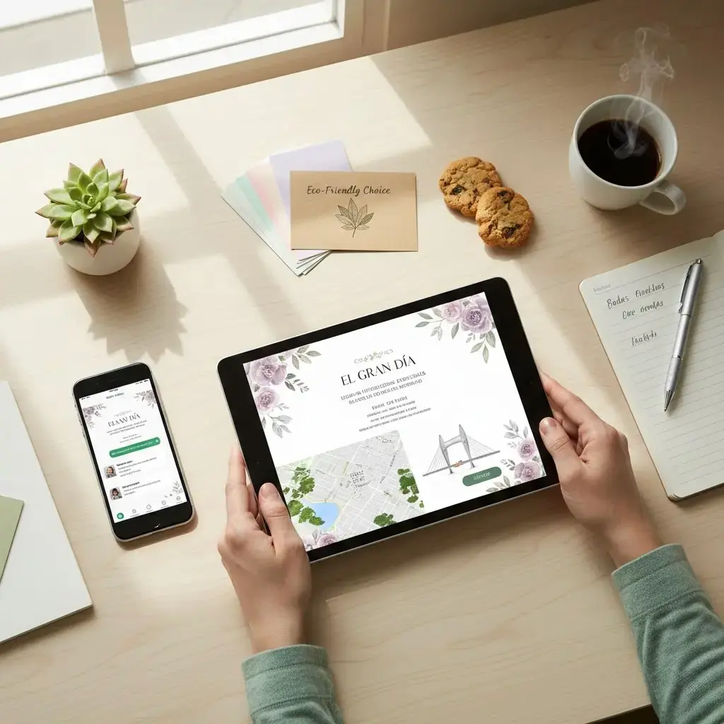 Invitación digital personalizada de El Gran Día mostrada en una tablet y celular con confirmación RSVP y mapa interactivo.