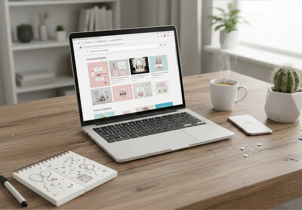 Computadora buscando invitaciones digitales para casamientos, comparativa El Gran Día vs Canva