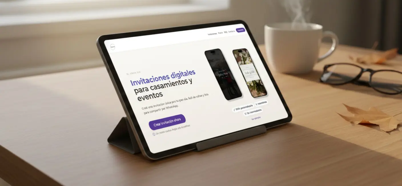 Tablet sobre una mesa de madera con una taza de café, mostrando el editor de invitaciones digitales para casamientos y eventos.